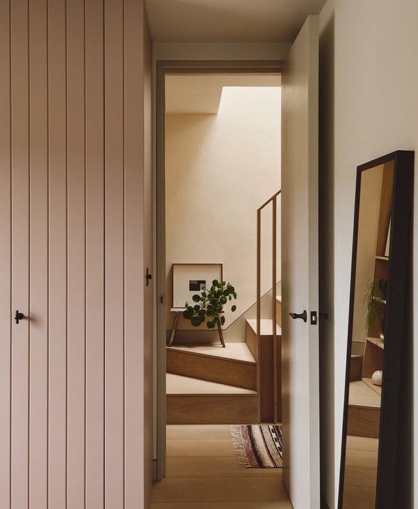 pale pink painted wardrobe door next to passageway leading to a room with a plant and a mirror.