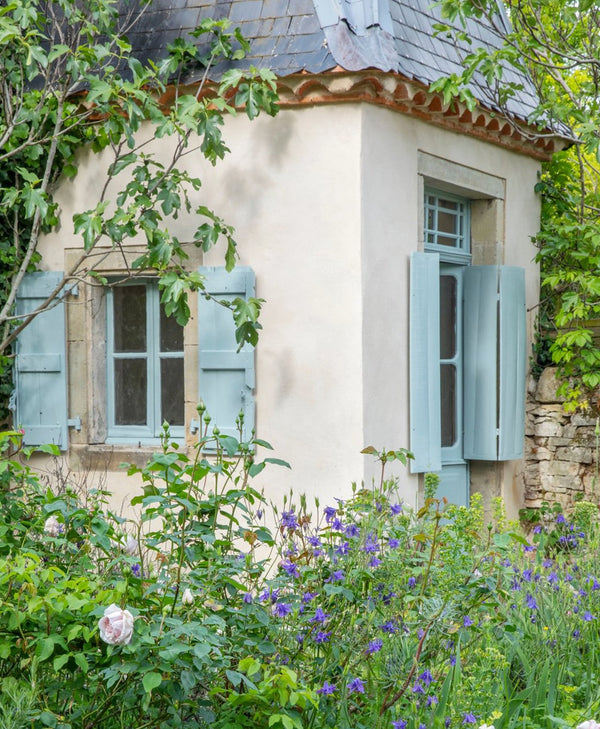 Small building with blue shutters surrounded by greenery and flowers