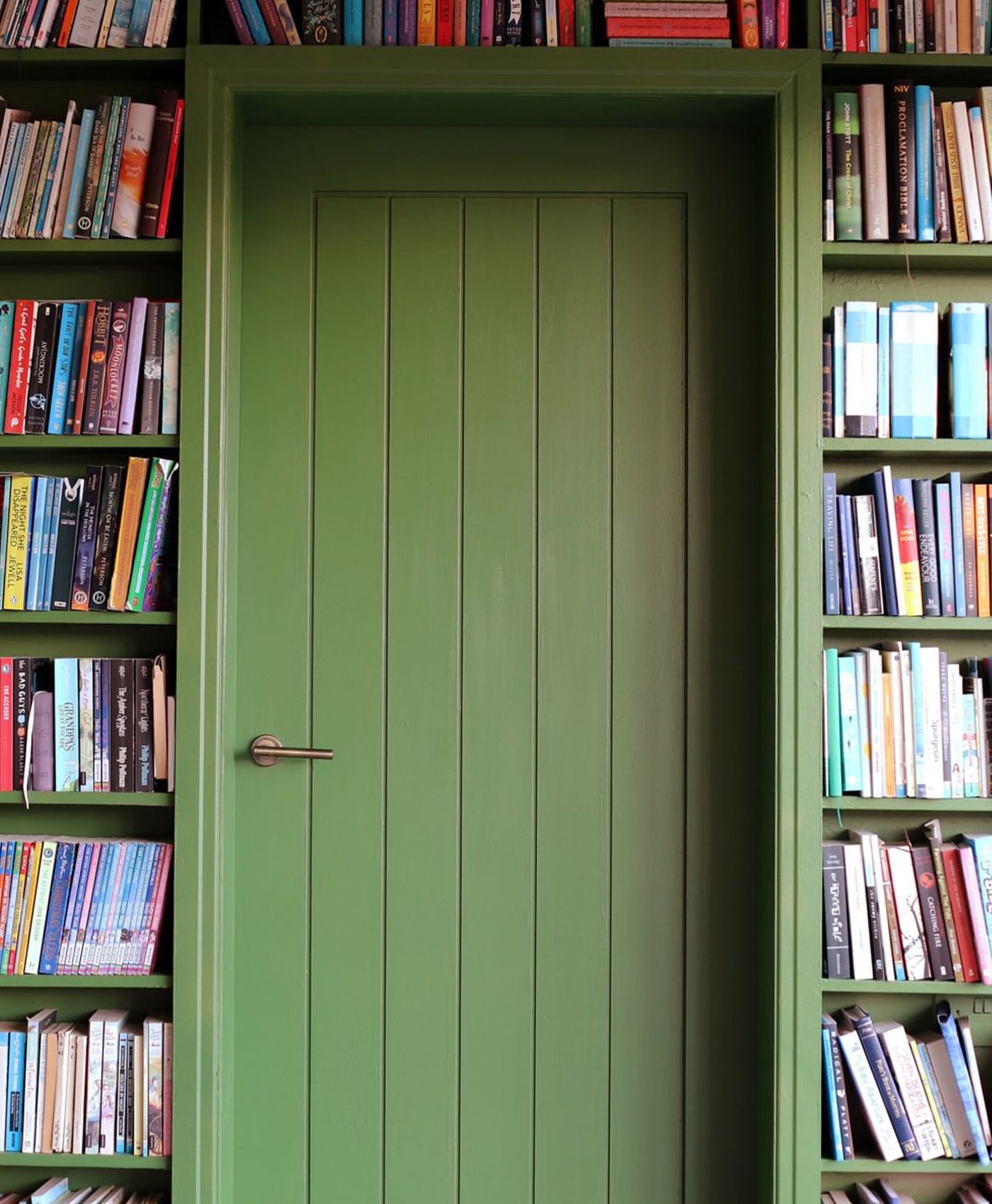Green door in a bookshelf filled with books