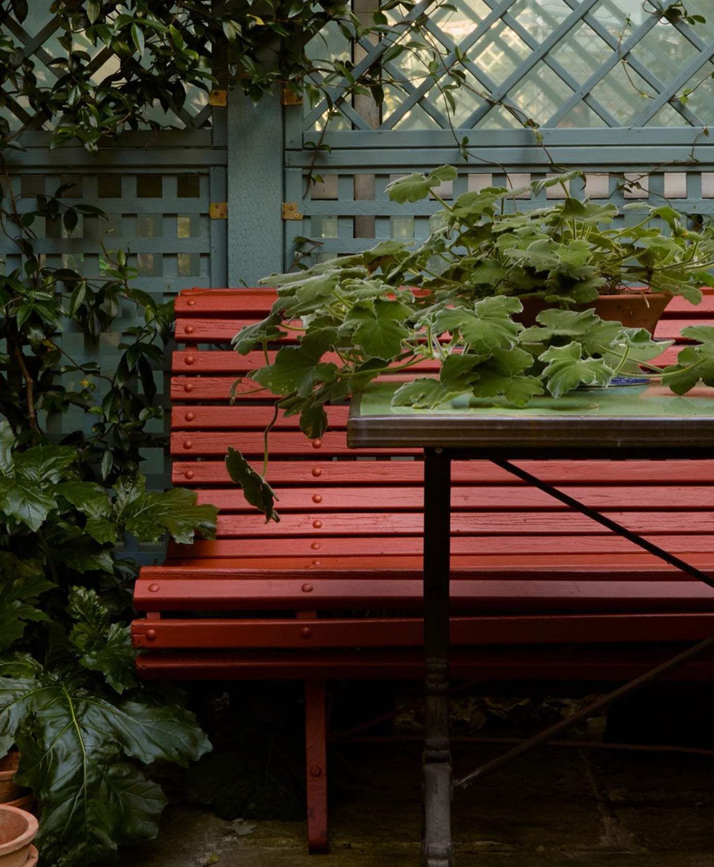 Red wooden bench and table in a garden setting with green plants and a lattice structure.
