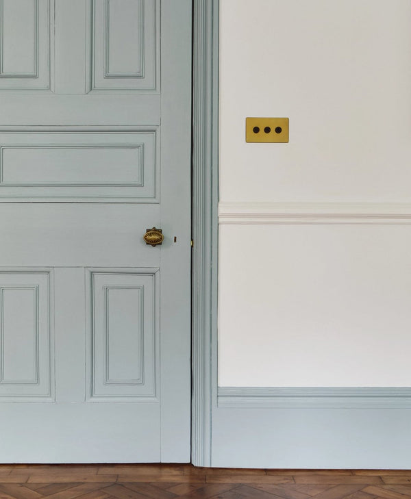 Light grey door with gold handle and white wall with gold light switch.