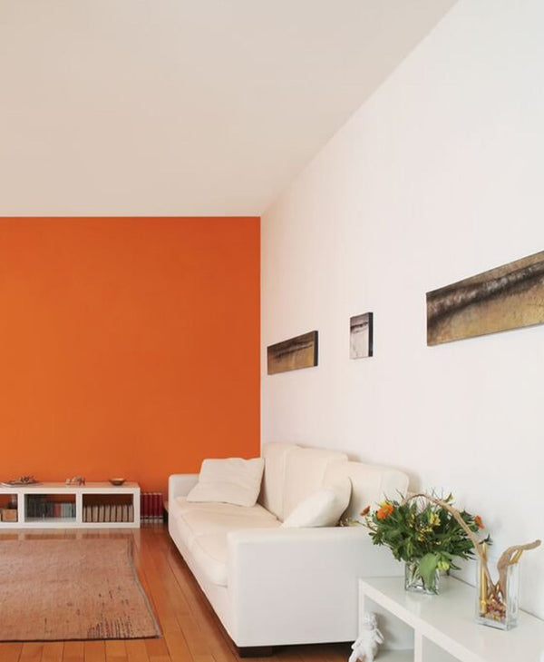 Modern living room with a white sofa, orange accent wall, and decorative elements.