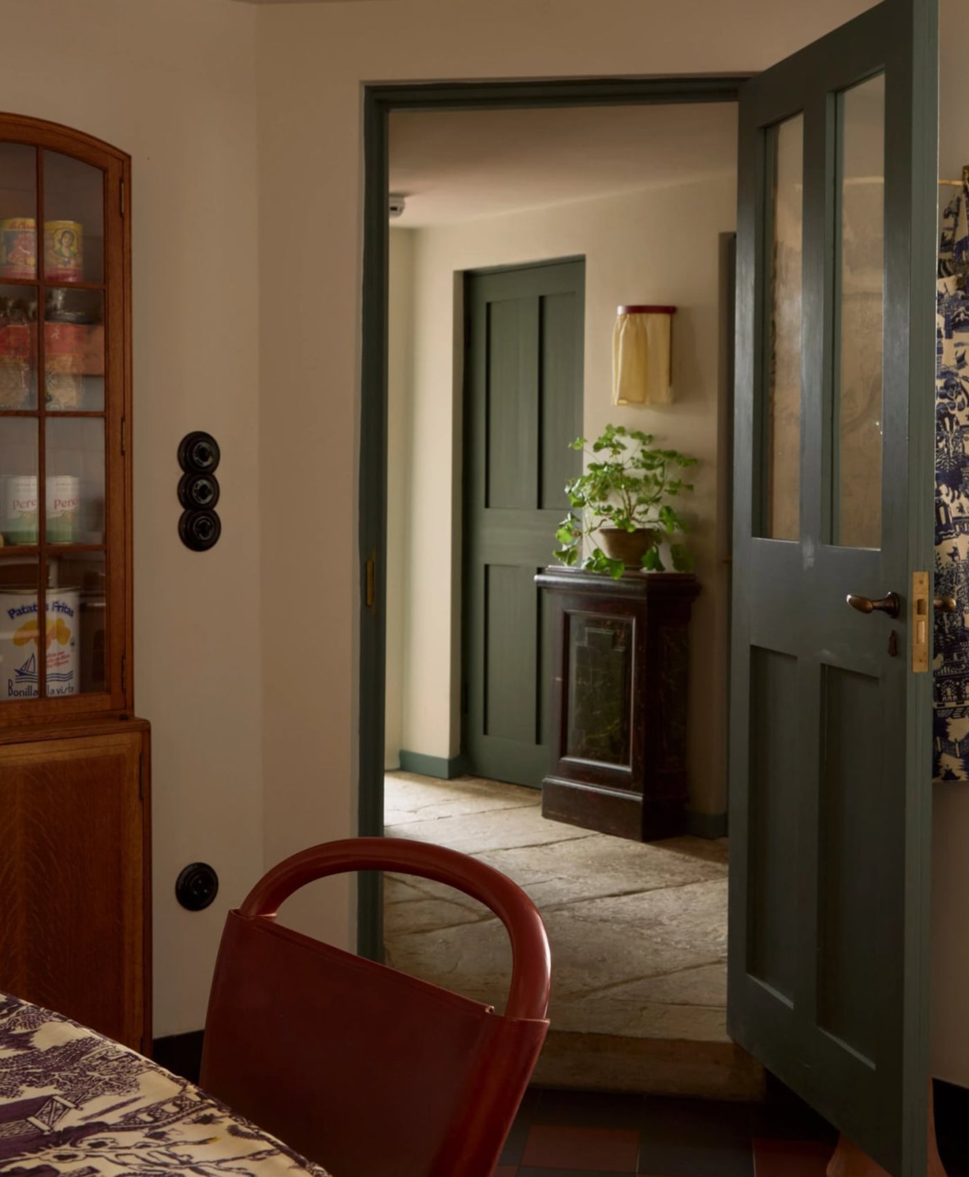 Open door painted in blue-green colour leading to a room with a plant and wooden cabinet.