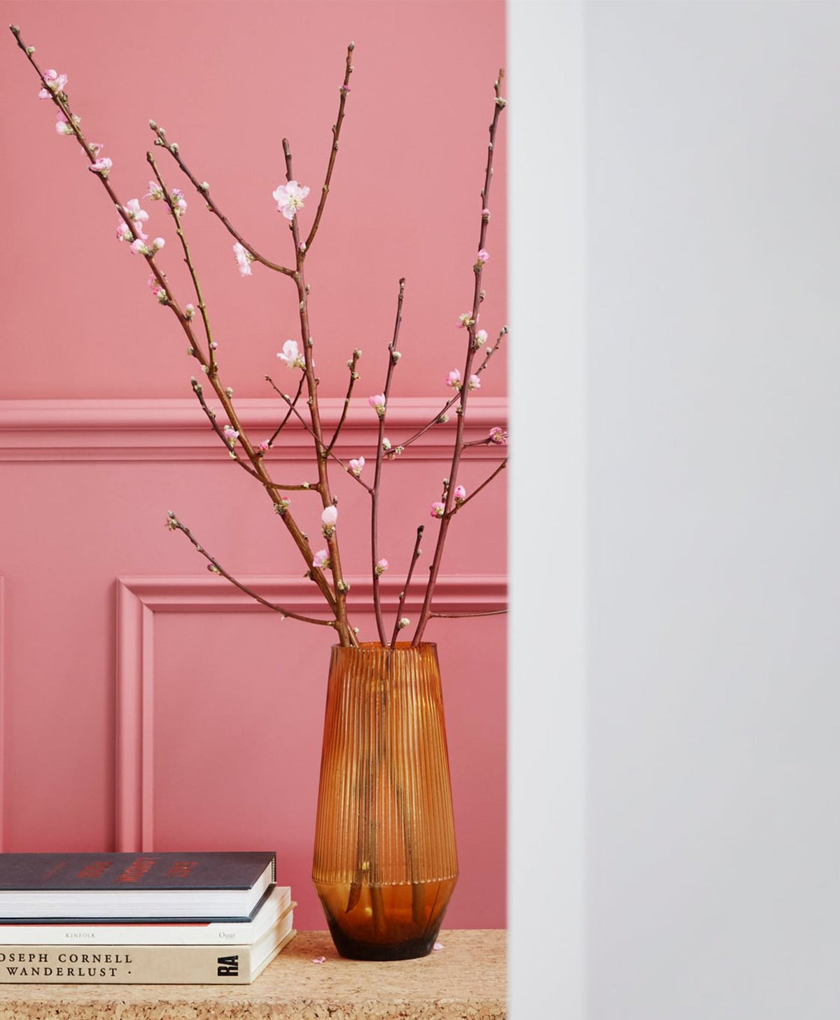 Vase with decorative branches against a red pink wall