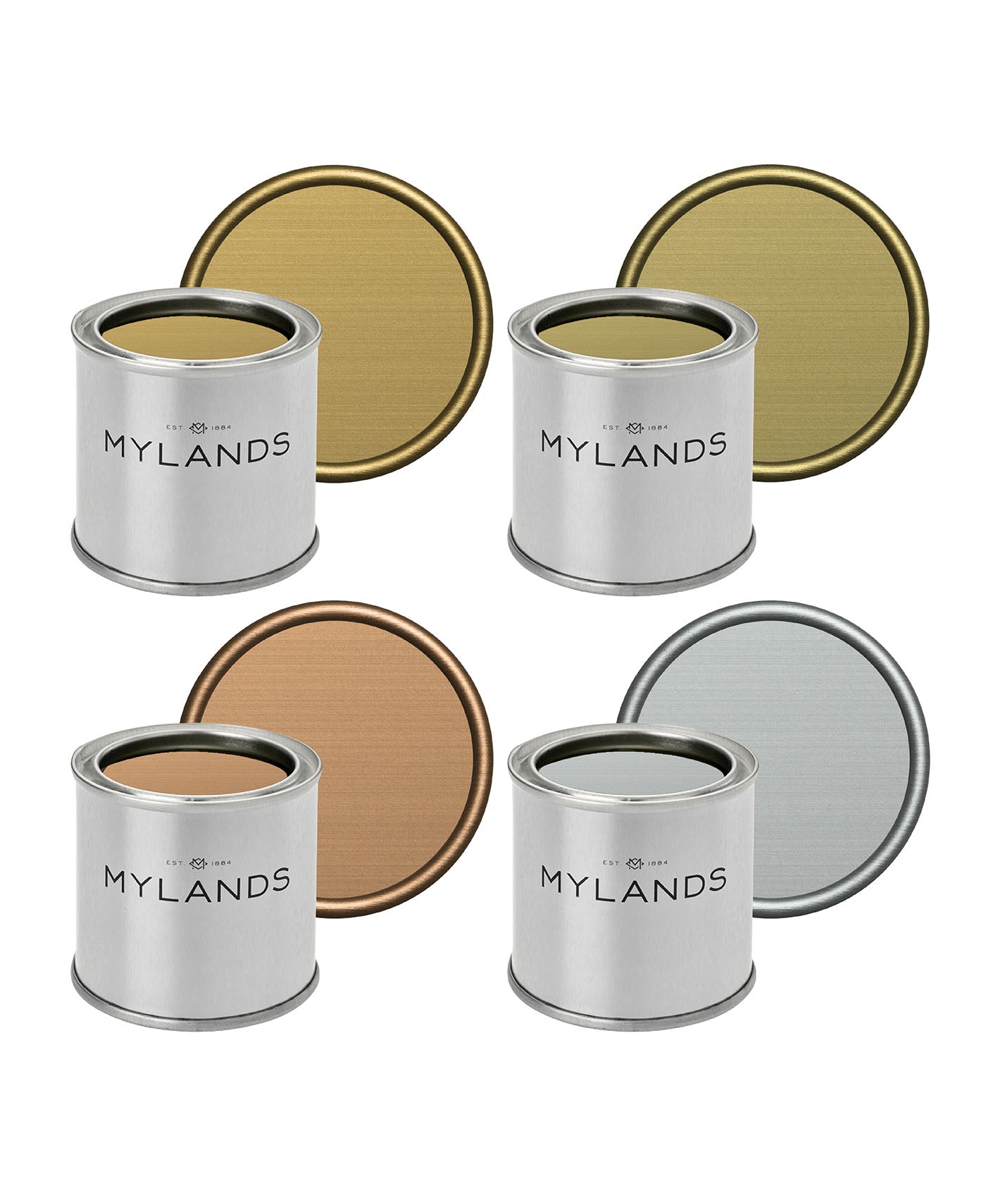 Metallics - Sample Pots Set of 4 - Mylands metallic paint pale gold, rich gold, bronze and silver