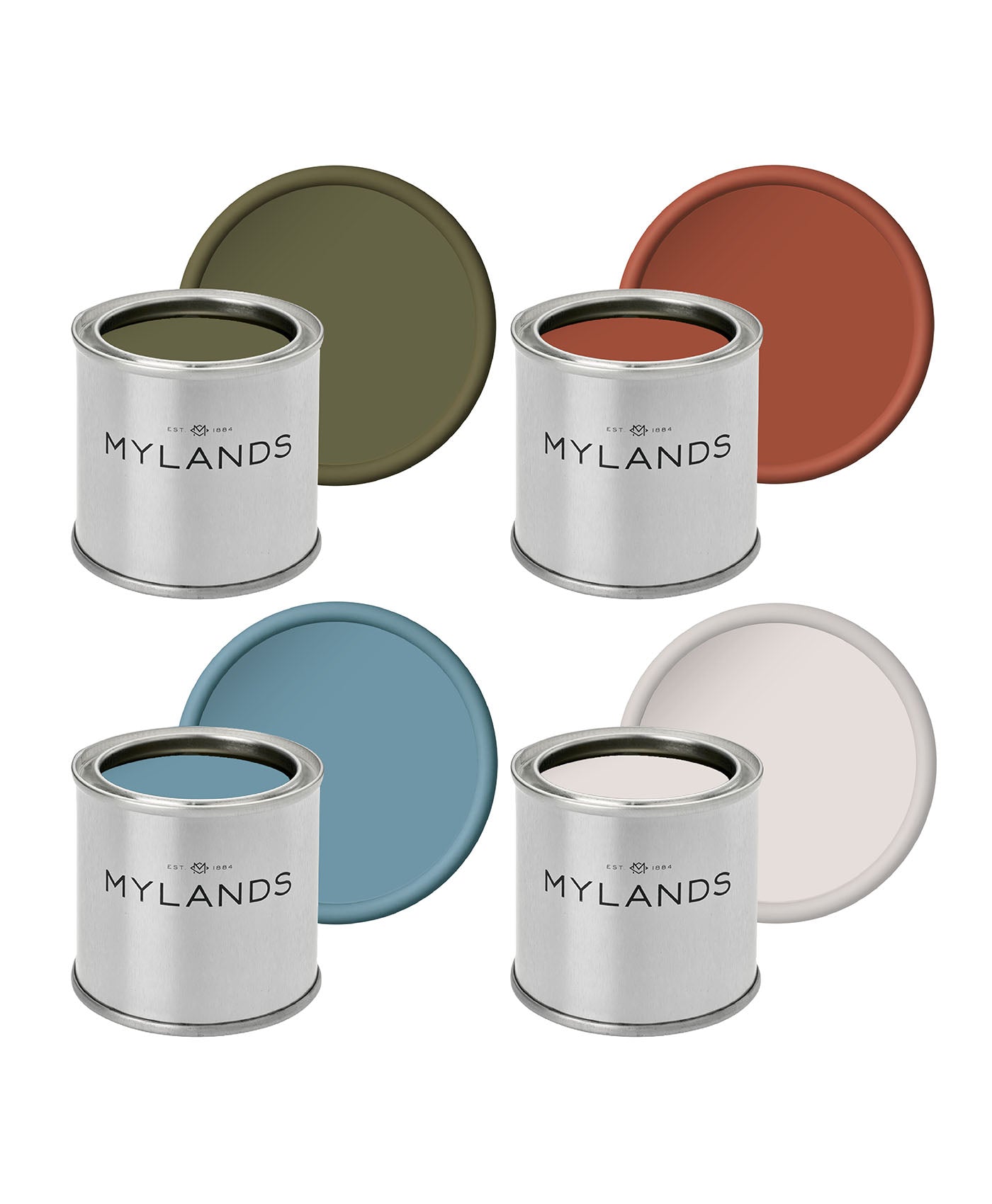 Beata Heuman - Sample Pots Set of 4 - Mylands paints featuring Crayfish Party, Caca d'Oie, Stockholm and Beata White