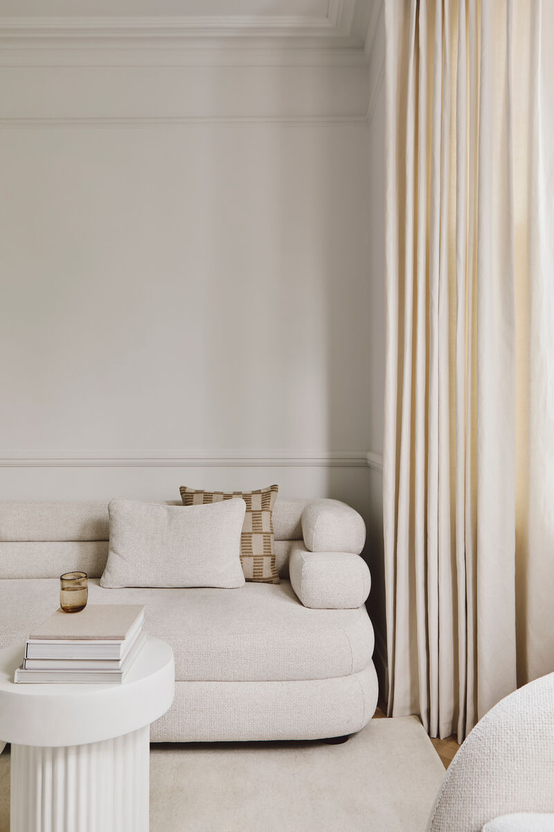 Neutral living room painted in Mylands Cotton Street No.3.
