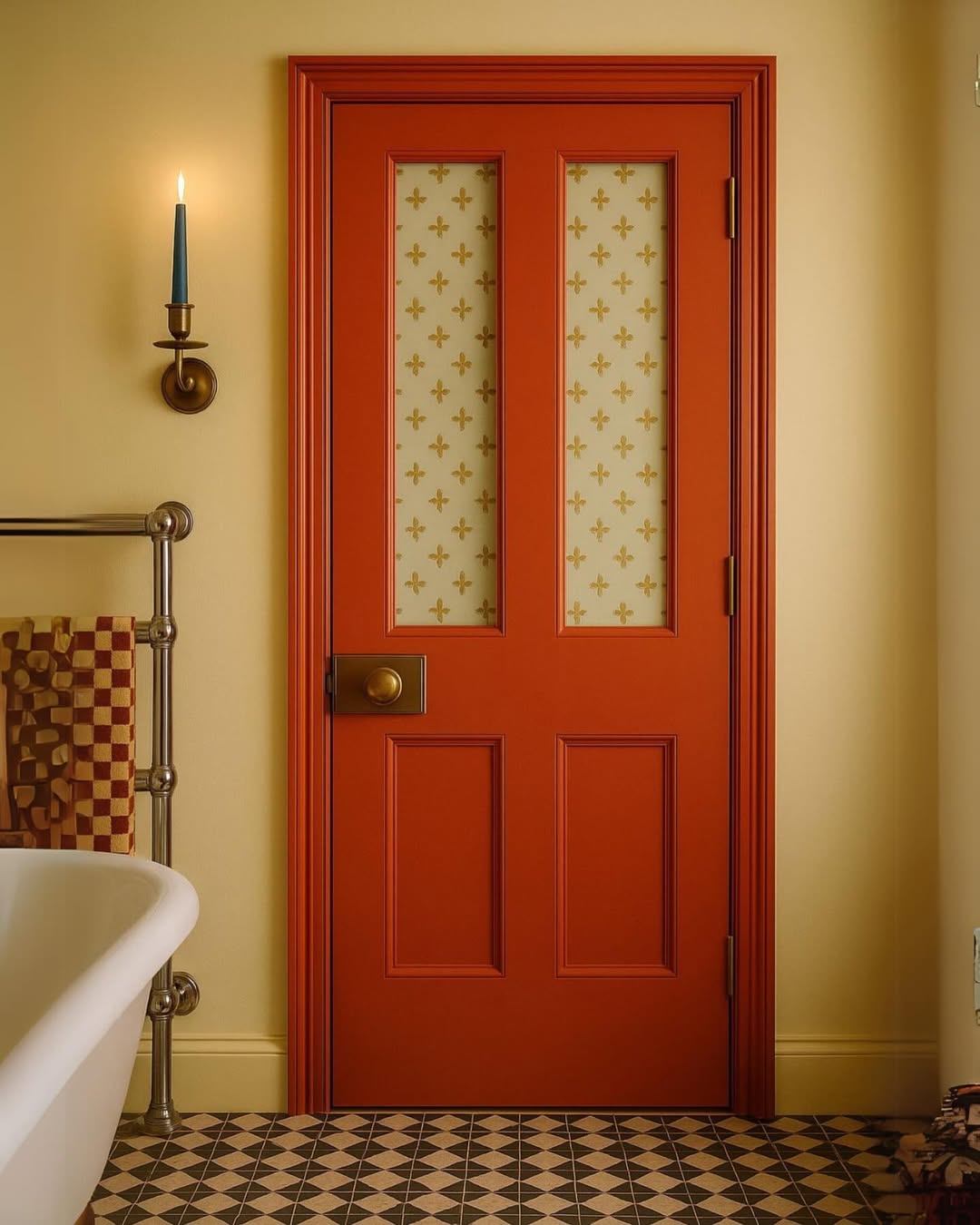 Butter Yellow walls in bathroom and Crayfish red door.