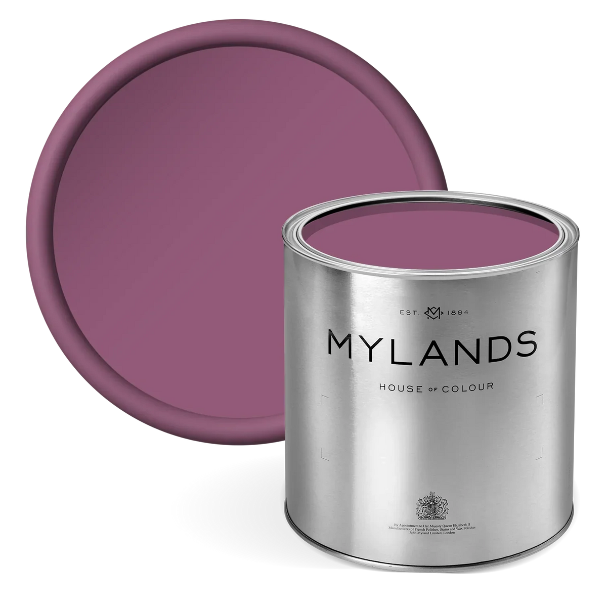 FTT-007™ - Magenta - Mylands paint can with purple paint and matching tray on a white background