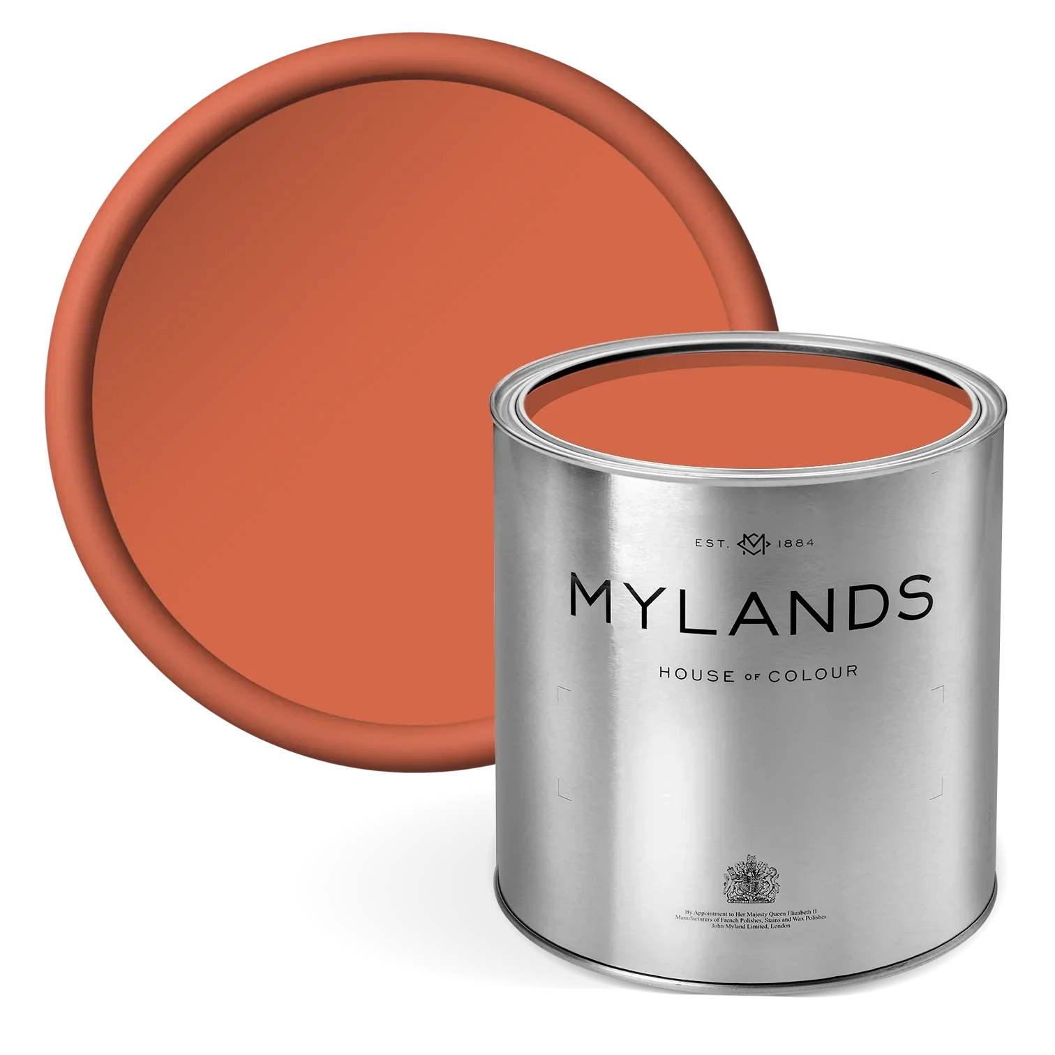 FTT-010™ - Vermillion - Mylands paint tin with orange paint on a white background