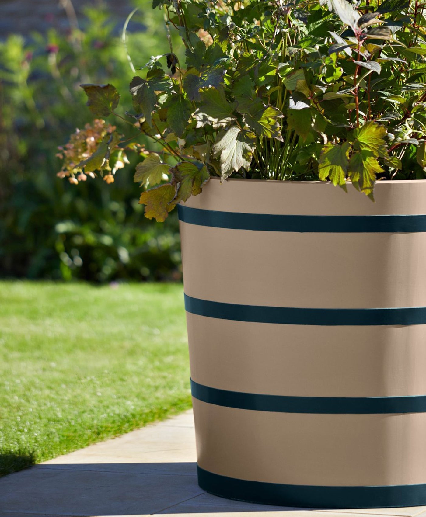 Plaster coloured planter with green stripes containing plants on a grassy area