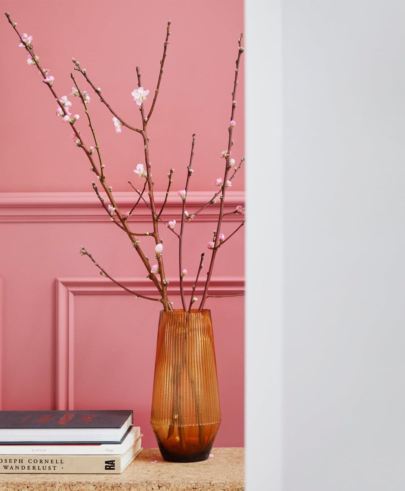 Vase with decorative branches against a red pink wall