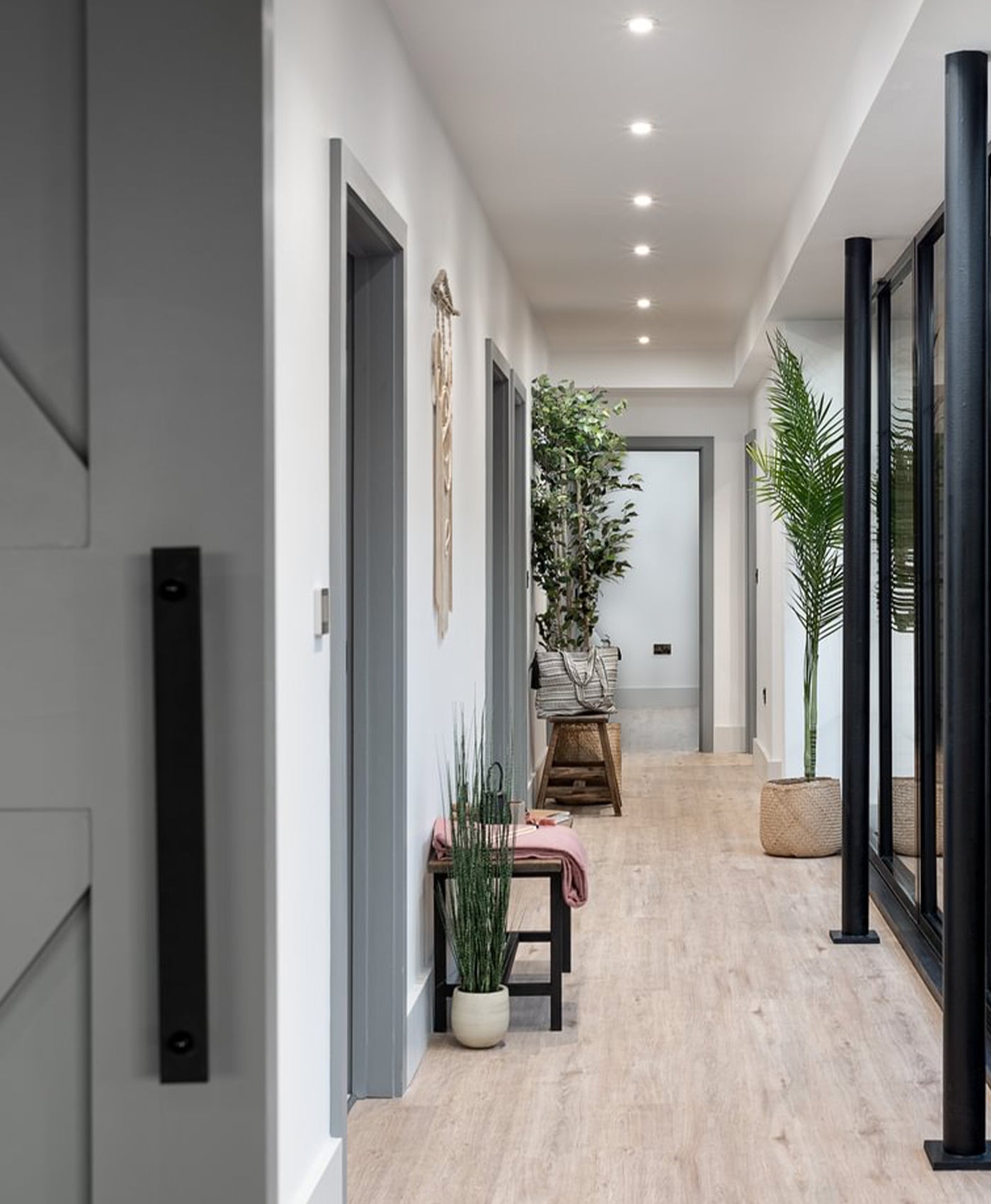 Modern interior hallway in cool neutral colour with light wood flooring, black doors, and decorative plants.