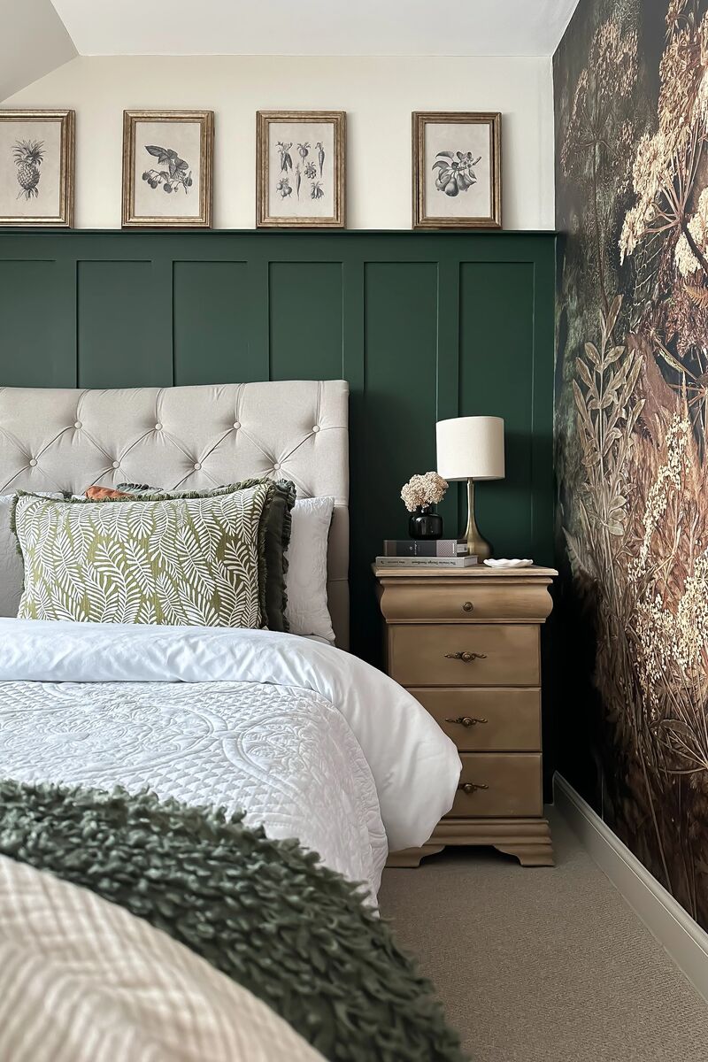Bedrooom with panelling behind bed painted in Mylands Pleasure Gardens Green. 