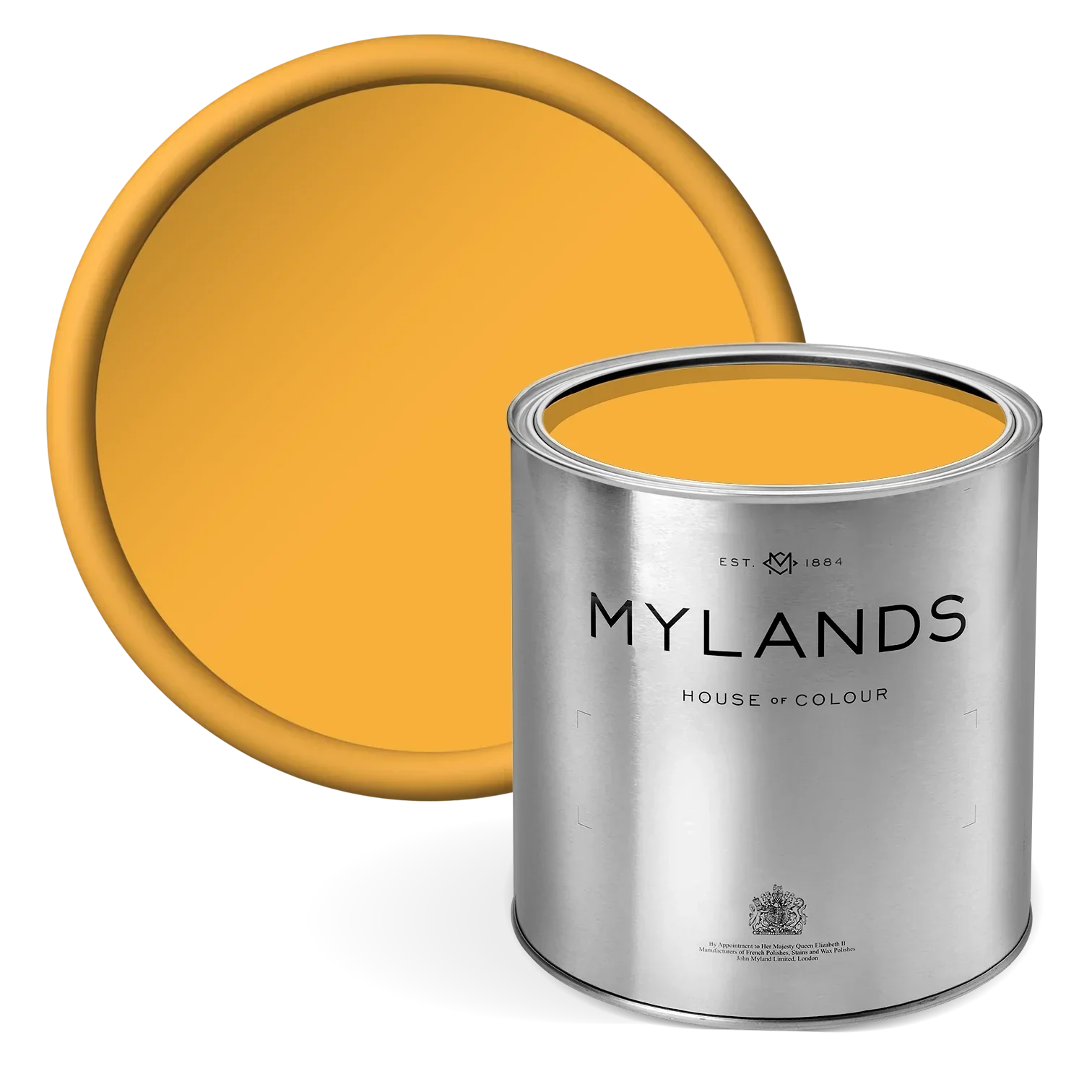 FTT-008™ - Mid Chrome - Mylands paint can with a yellow color swatch on a white background