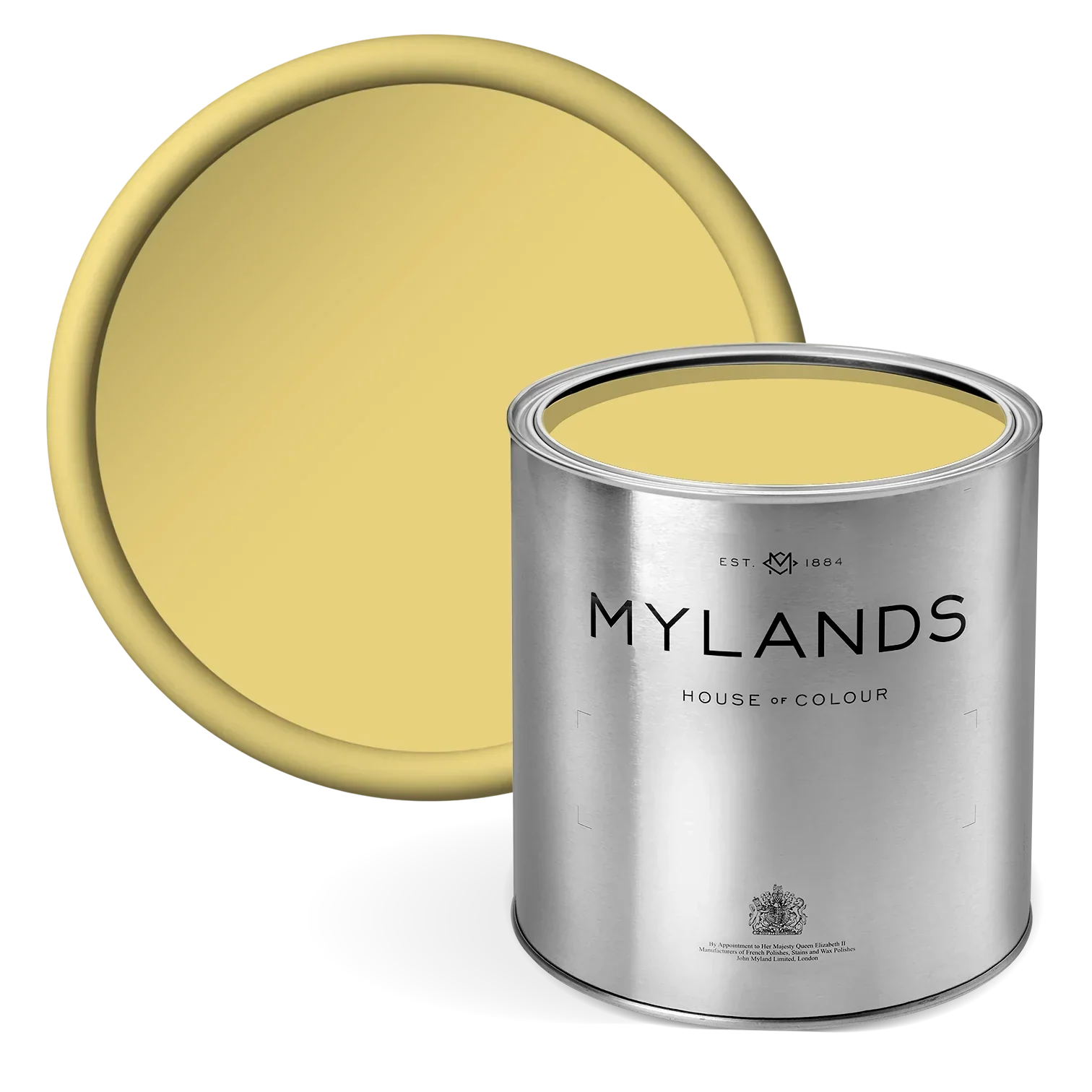 Verdure Yellow™ No.148 - Light yellow paint - Mylands paint can with a yellow colour swatch
