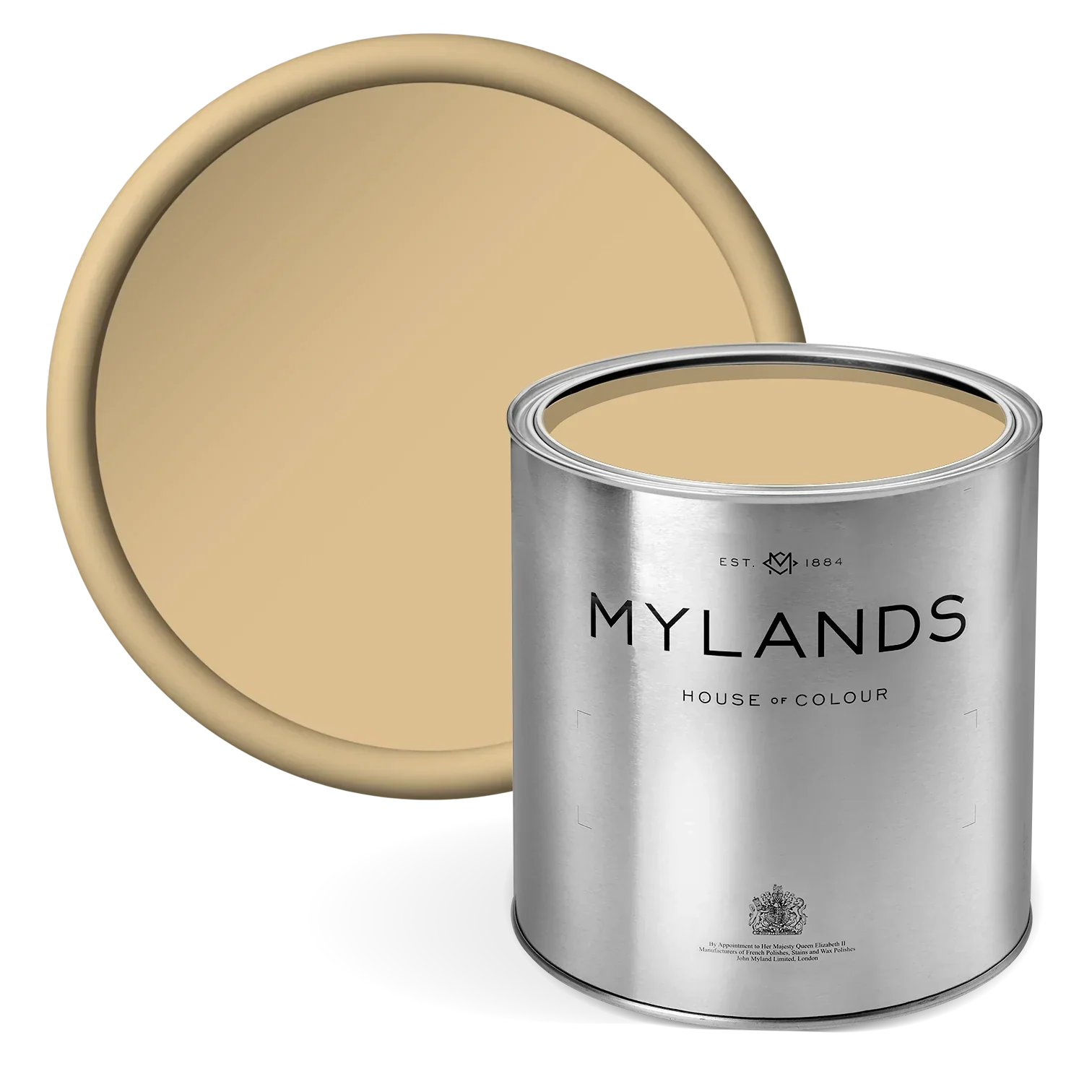 Wharf Sacking™ No.127. - Mylands paint can with beige paint swatch on a white background