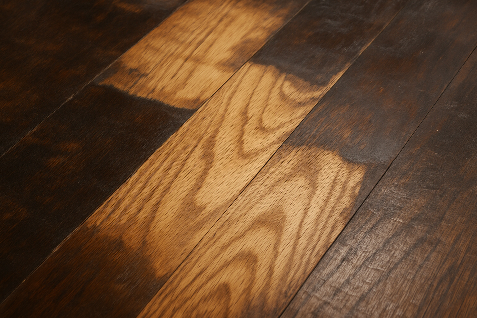 wooden surface with some of the polish removed - no hand or bottle