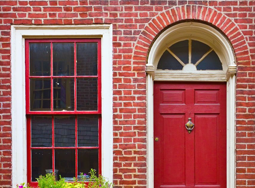 A deep red door and window frame painted with Arts Club No.281