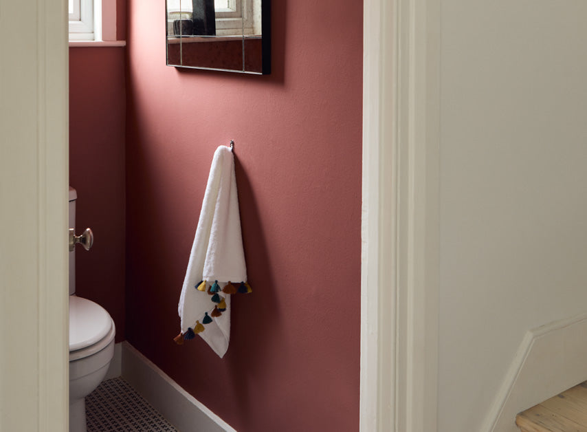 Red pink bathroom walls painted with Covent Garden Floral No.270